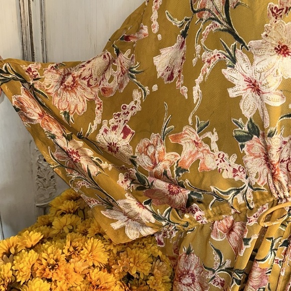 Free People X Gold Floral Sheer Kimono Drawstring Waist Top Romantic Victorian - Picture 5 of 8